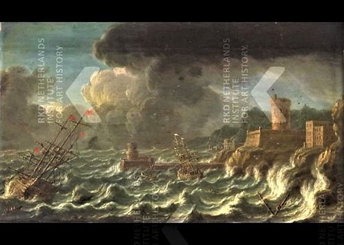 Marine in tempesta con galeoni sulle coste